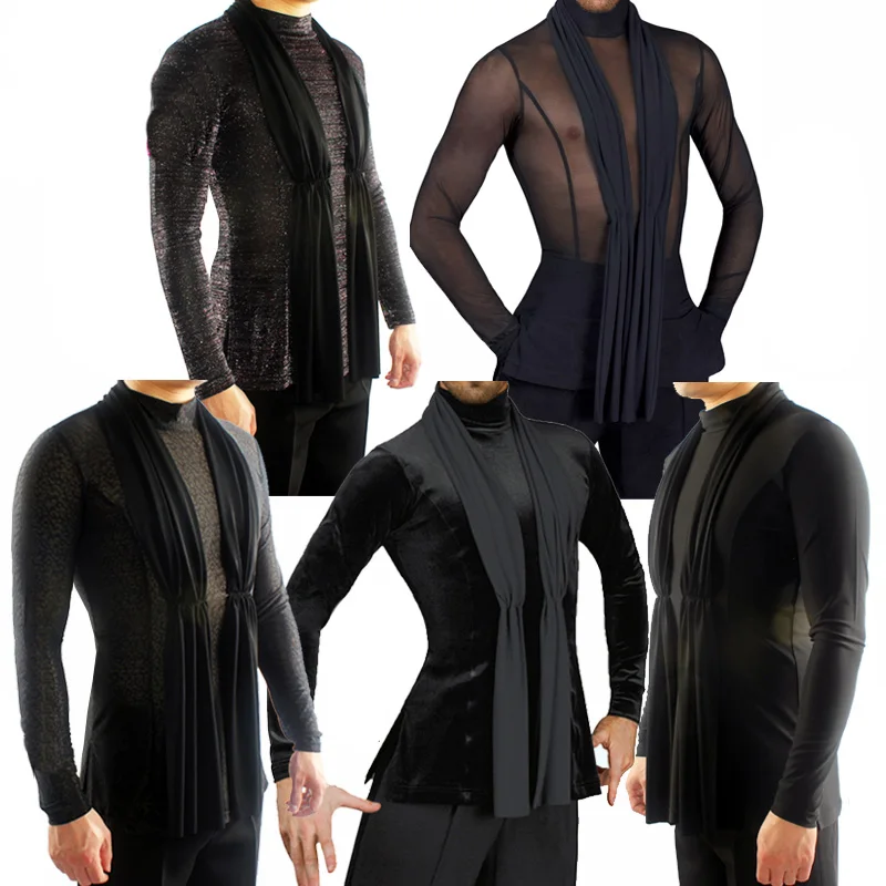 Fantasia, рубашки для латинских танцев, Мужская черная рубашка с длинным рукавом, мужские топы для бальных танцев, Самба-ча, одежда для выступлений, DN7017