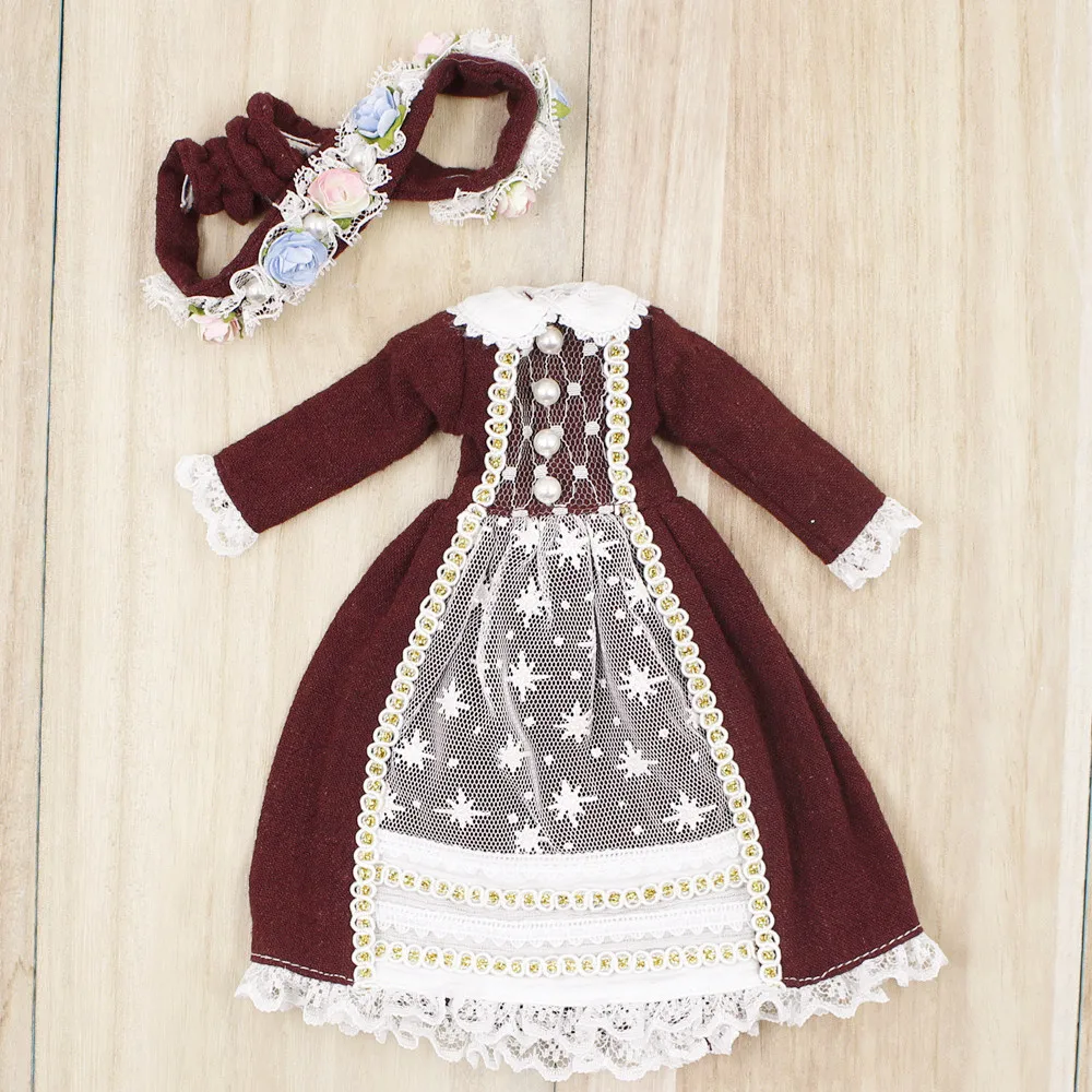 Наряды для куклы Blyth, кружевное бордовое платье с лентой для волос, элегантный костюм для 1/6, azone BJD pullip licca