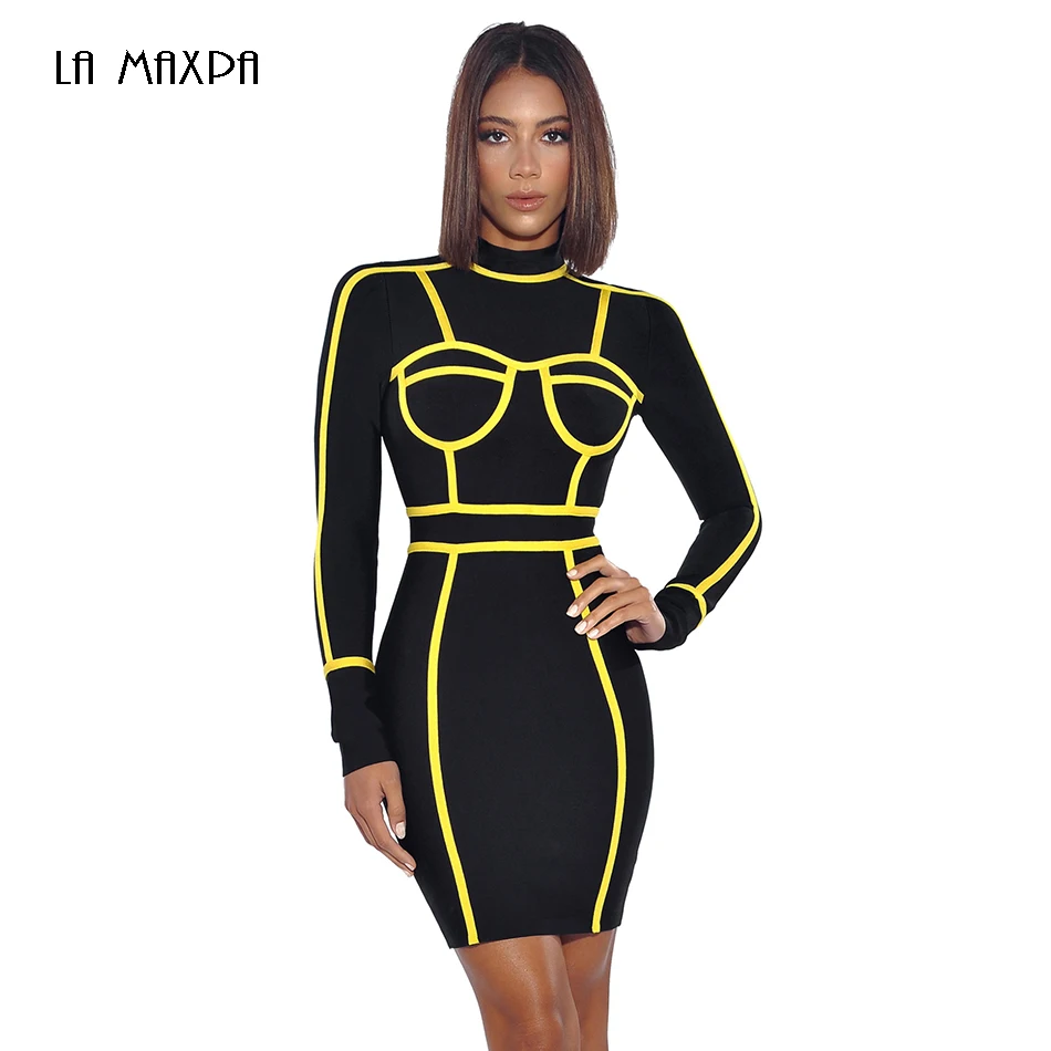 long sleeve yellow bandage dress