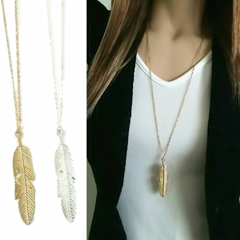

Sale vintage long necklace For Women silver gold simple feather Girls pendant Fashion Jewelry gifts