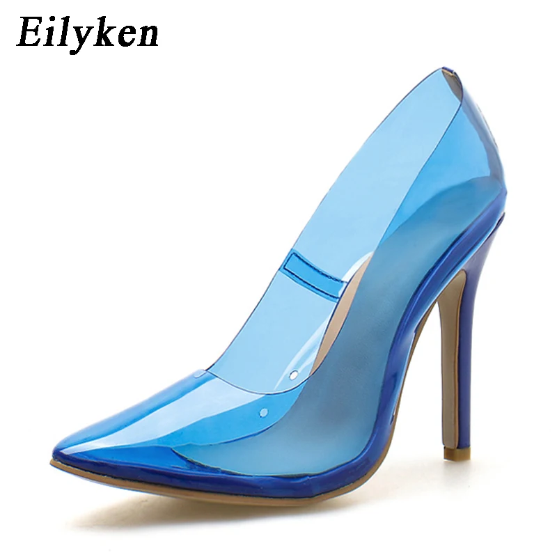 

Eilyken 2019 New Women Pumps Transparent Super High Heels Sexy Pointed Toe Blue Party Shoes For Lady Thin Heels Pumps size 42