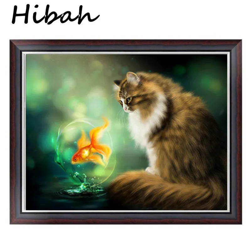 

Diamond Embroidery Diy Diamond Painting Cross Embroidery Set Diamond Mosaic Cat and Goldfish Round Diamond Embroidery
