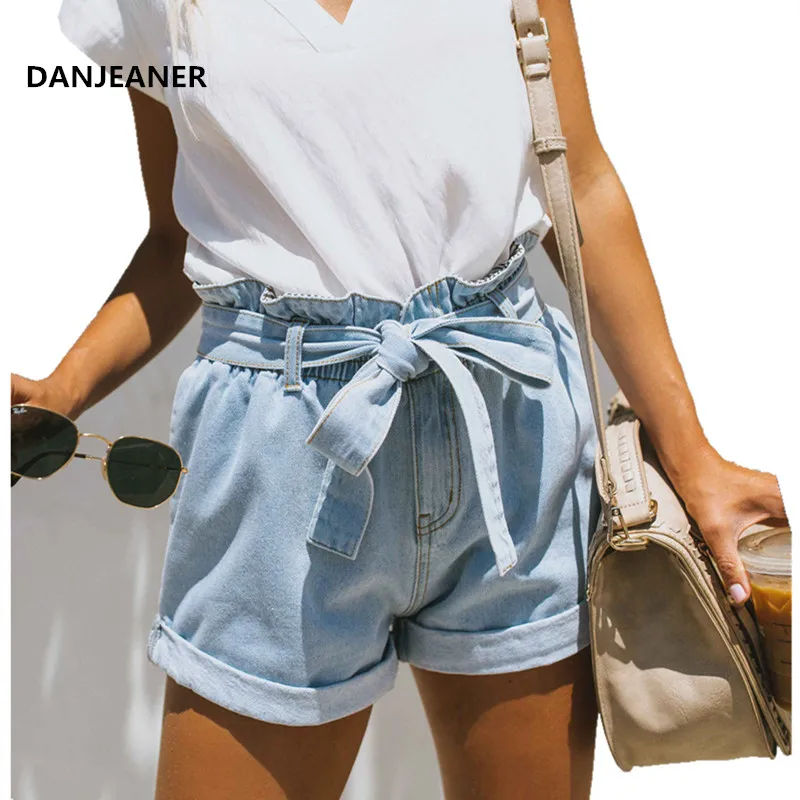

DANJEANER Vintage High Waist Harem Ruffle Short Jeans Summer Women Lightblue Denim Shorts with Belt Streetwear Hot Jean Shorts