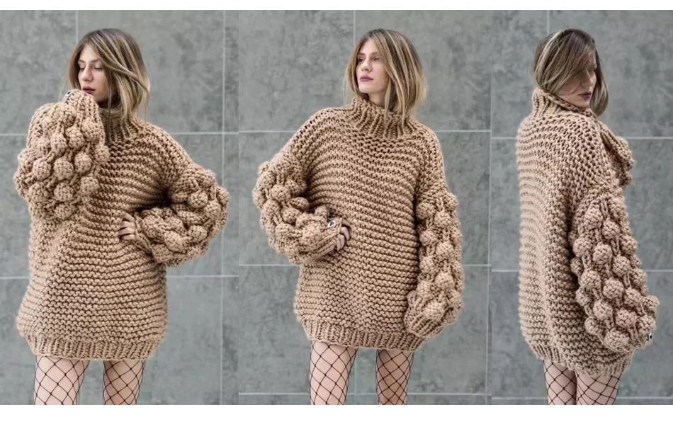 Женский вязаный свитер ручной работы с рукавом-фонариком, свитер большого размера, грубые вязаные свитера для женщин, Свитера с шариками для женщин