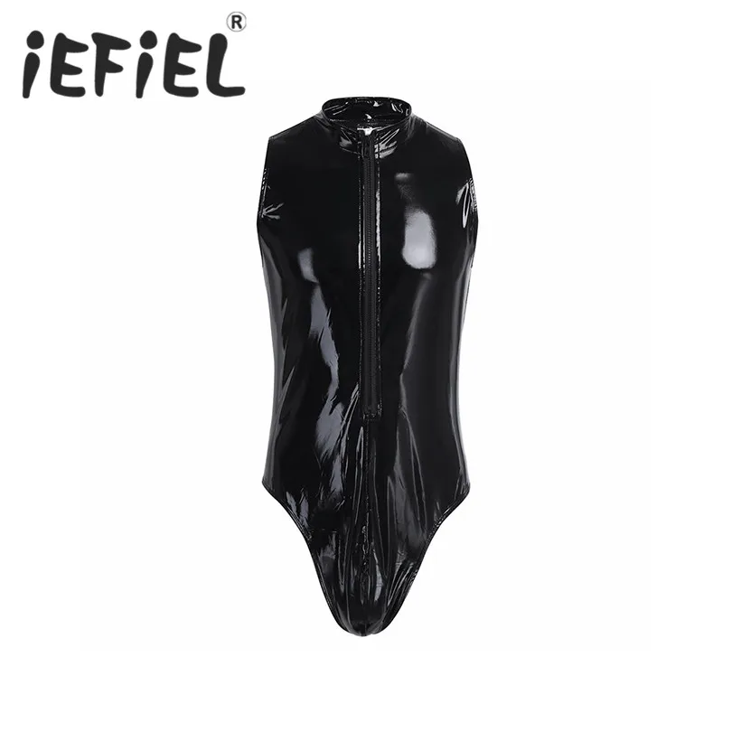 IEFiEL, черное, лакированная кожа, мужское нижнее белье, цельный, Wetlook, без рукавов, на молнии, трико, боди, комбинезон, Мужская одежда для ночного клуба