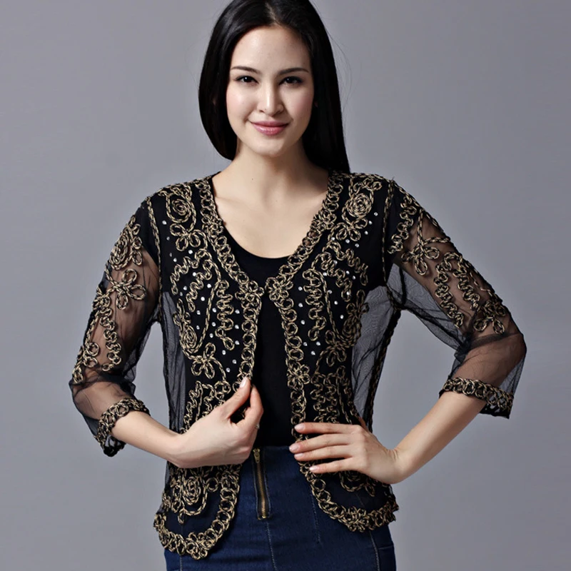 

Rhinestone Diamond Women's Cardigans Embroidery Floral Lace Mesh Thin Shrug Bolero Top Three Quarter Retro