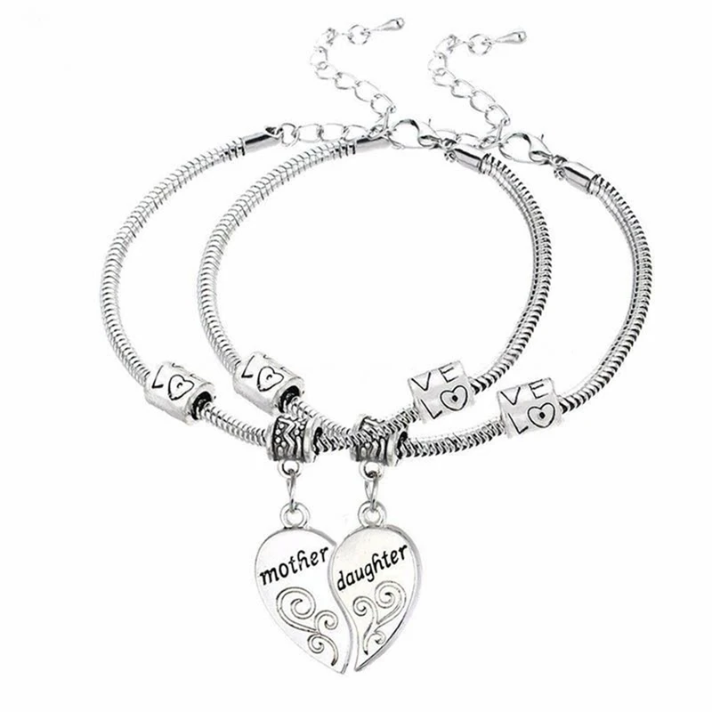 

2PCS Mother Daughter Half Heart Bracelet Bangle Statement Jewelry Mom Women Girl Femme Charm Party Gifts