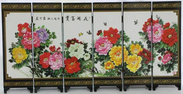 예술 고전 중국 옻칠 세공 그림 피는 꽃 길조 스크린 장식