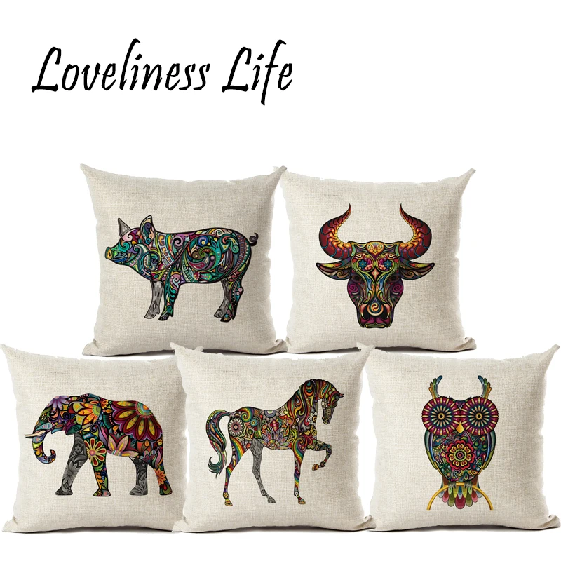 Bohemian Totem Animal Pig/Bird Linen Pillow Cushion Cover