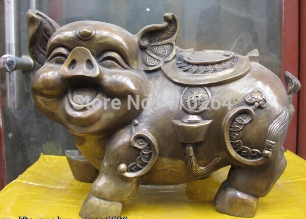

$GANG China Folk Bronze Copper Fengshui Lucky Wealth YuanBao Coin Zodiac Pig Wild boar Statue Statue discount 30%