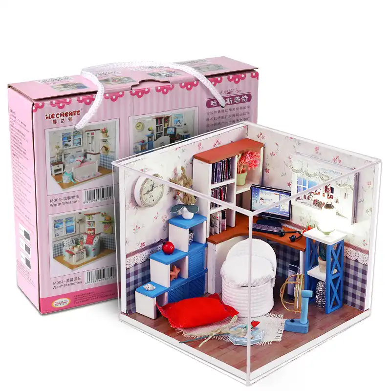 Diy家具ミニチュアドールハウス 3dモデル木造住宅のおもちゃminiaturasドールハウスダストカバーとカラーボックス子供のための ドールハウス Aliexpress