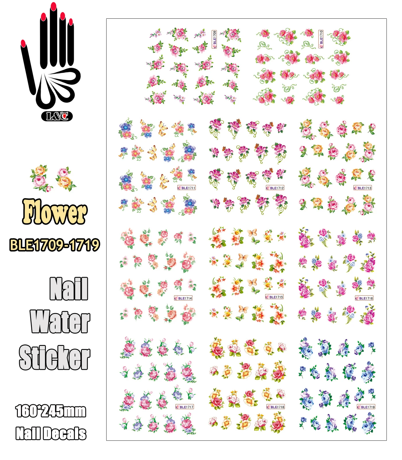 11 Sheets/Lot Nail Art Decal BLE1709 1719 Colorful Flower Nail Art