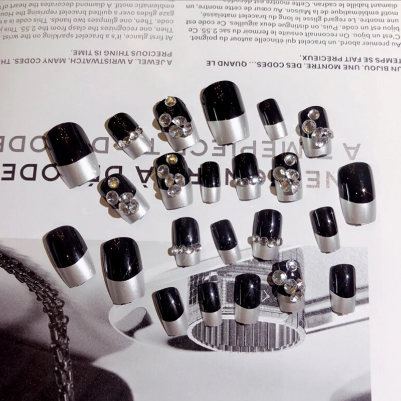 24Pcs new black acrylic Fake Nails With 2g Glue With Rhinestone Press On Aritifical Finger Tips