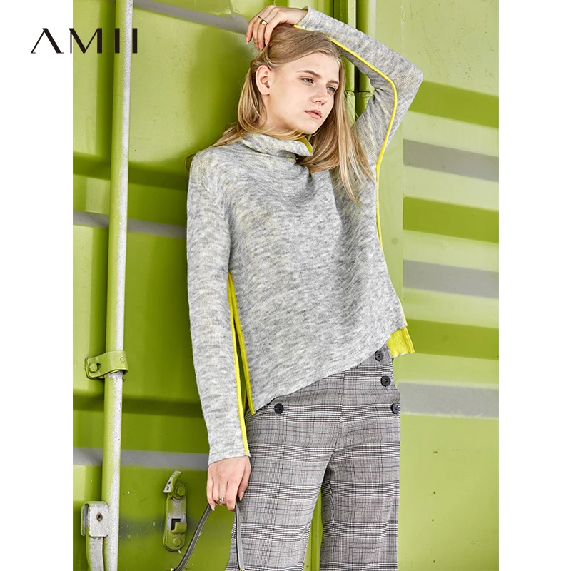 

Amii Sweet Panelled Sweater Women Spring 2019 New Causal Turtleneck Long Sleeve Mohair Knit Pullover Sweater