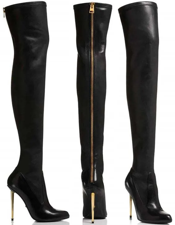 

Winter New Leather / Suede Sexy Women Over the Knee Boots Metallic Thin High Heels Back Zipper Women Boots Black Botas Shoes