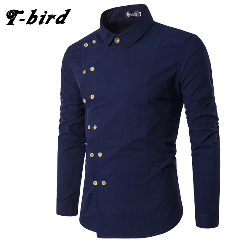 T Bird New Brand 2017 Men Shirt Double Breasted Dress Shirt Long Sleeve