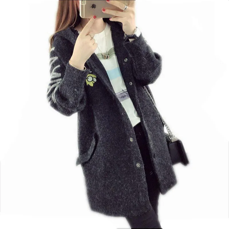 Best Price 2018 Autumn Winter Long Cardigan Sweater for Women Cartoon Long Hooded Sweater Coat Fall Warm Thick Poncho Jacket Wool Jumper