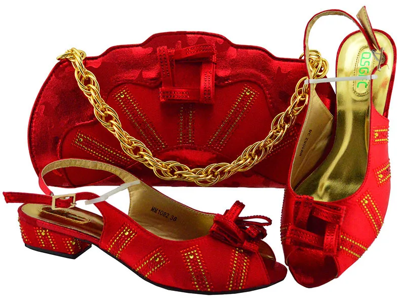 

Latest Red Color Italian Shoes with Matching Bags Ladies Italian Shoe and Bag Set Decorated with Rhinestone Party Shoes and Bag