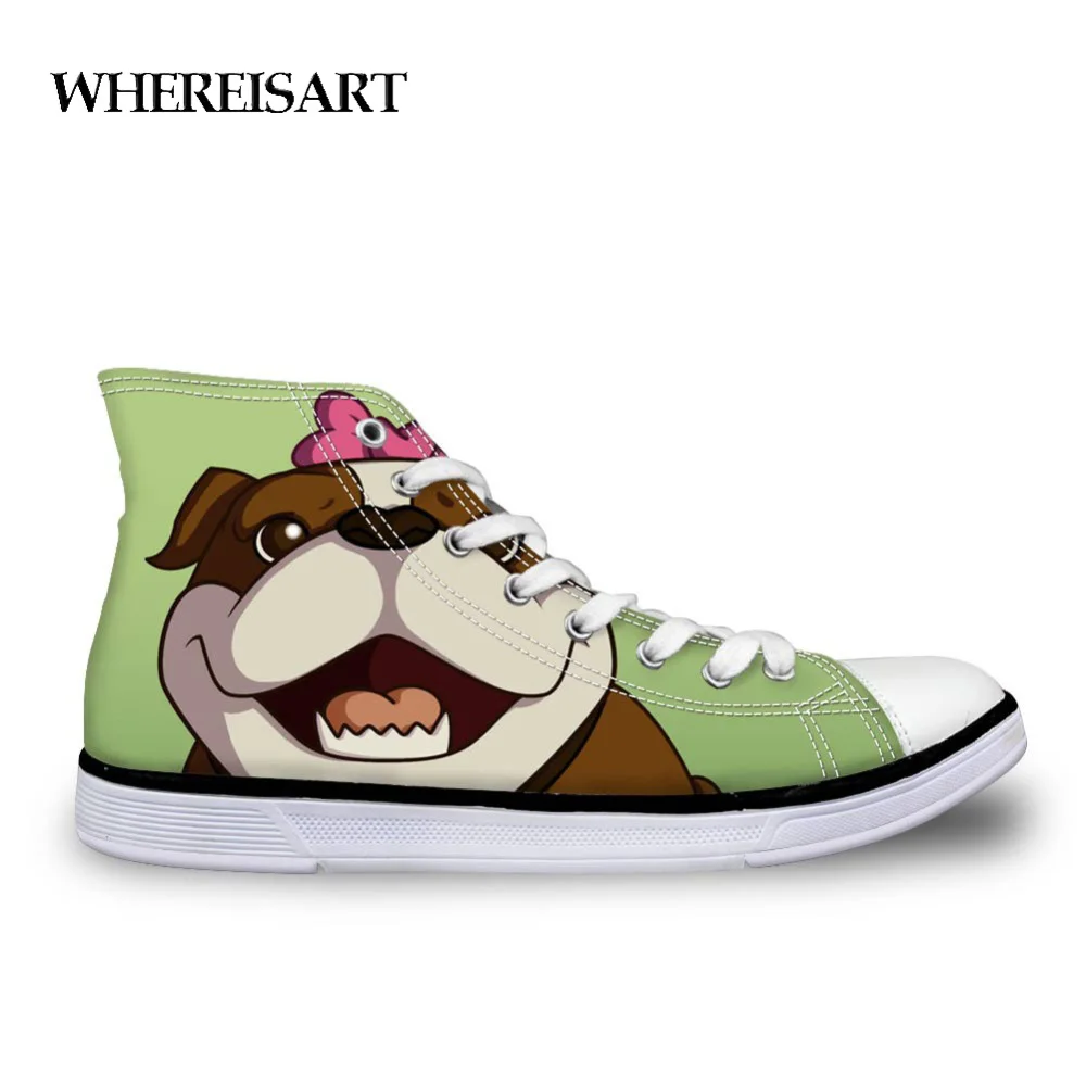 

WHEREISART Animals Printed Vulcanized Shoes for Ladies Casual Women French Bulldogs High Top Canvas Shoes Female Lace up Flats