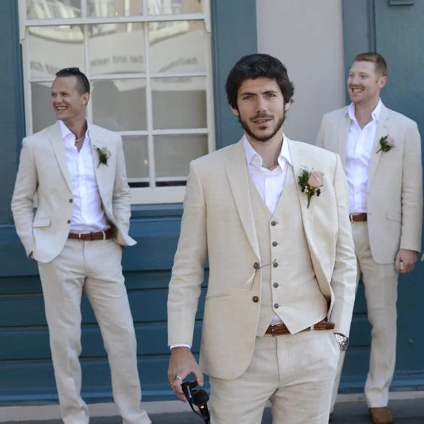 Summer Suits Beige Beach Suits Men Linen Wedding Suit