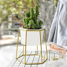 Desktop Decoration Geometric Gold Iron Rack Holder White Small Ceramic Planter Ceramic Succulents Herb Pot Plant