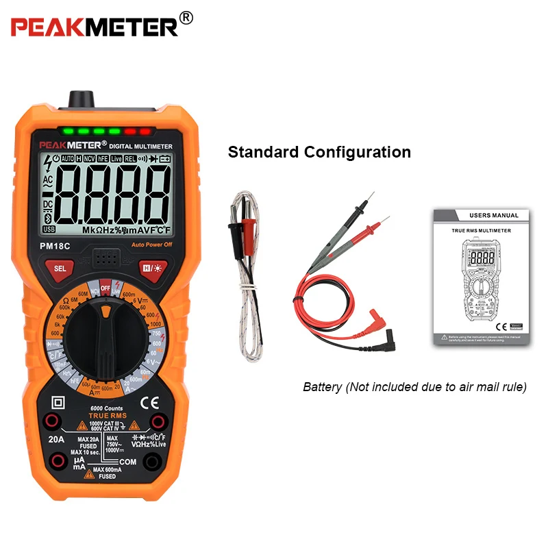 PEAKMETER PM18C цифровой мультиметр с истинным RMS AC/DC сопротивление напряжения Емкость Частота Температура NCV тестер