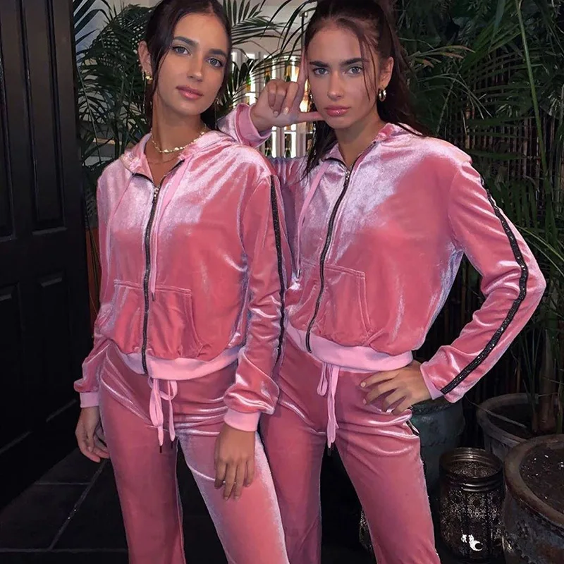 

Shestyle Velvet Hooded Casual Jacket Pant Autumn Winter 2 Two Piece Set Women Zip Up Long Sleeve Cardigan Straight Trousers 2019