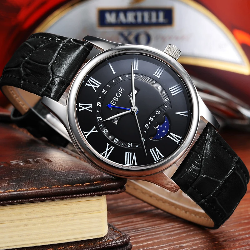 AESOP Мода Для мужчин часы Moon Phase кварцевые наручные кожа мужской Водонепроницаемый