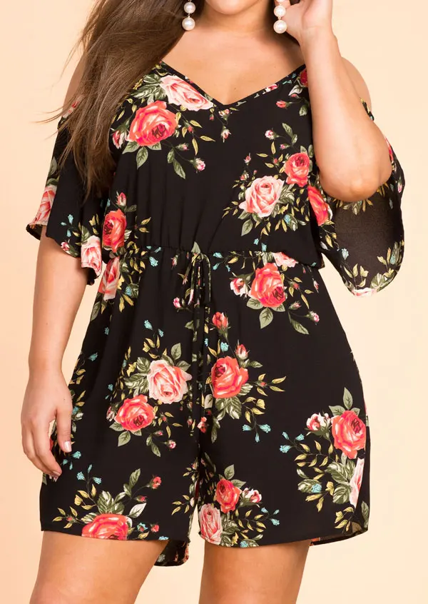 Plus Size casual loose playsuits Women Floral Cold Shoulder Romper Flower belt Spaghetti Straps Backless Ladies Playsuits Tops