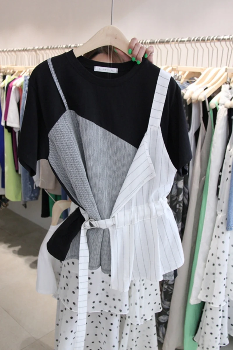 

2019 Summer Korean loose Casual T-shirts Fake Two Stripes and Splice Round Collar Short-sleeved T-shirts Patchwork T-shirts