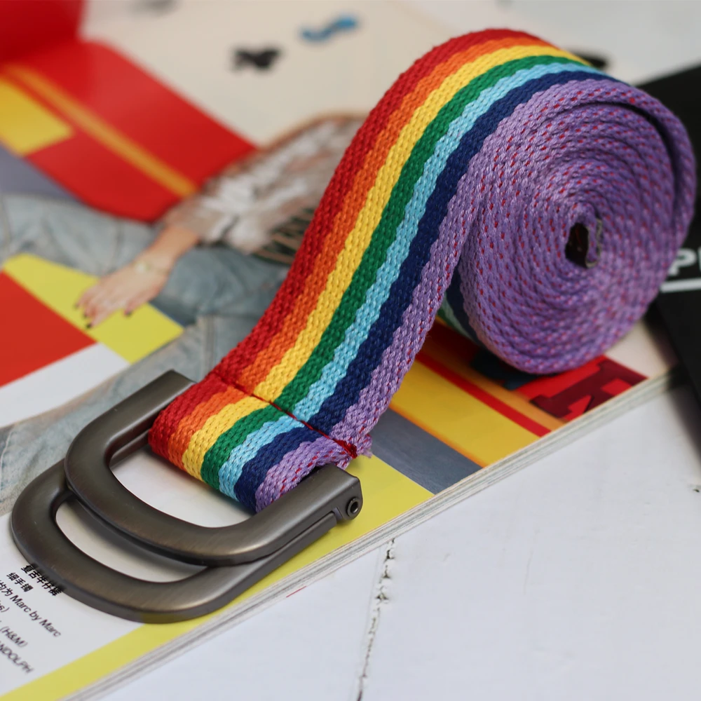 New Fashions Women Canvas Belts Colorful Rainbow Double Ring Buckle
