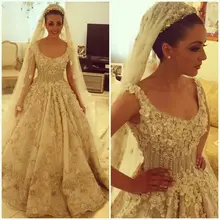 Most Exquisite Floral Shining Luxury Heavy Beading Pearl Long Train Gorgeous Bridal Wedding Dresses vestido de noiva sereia 810