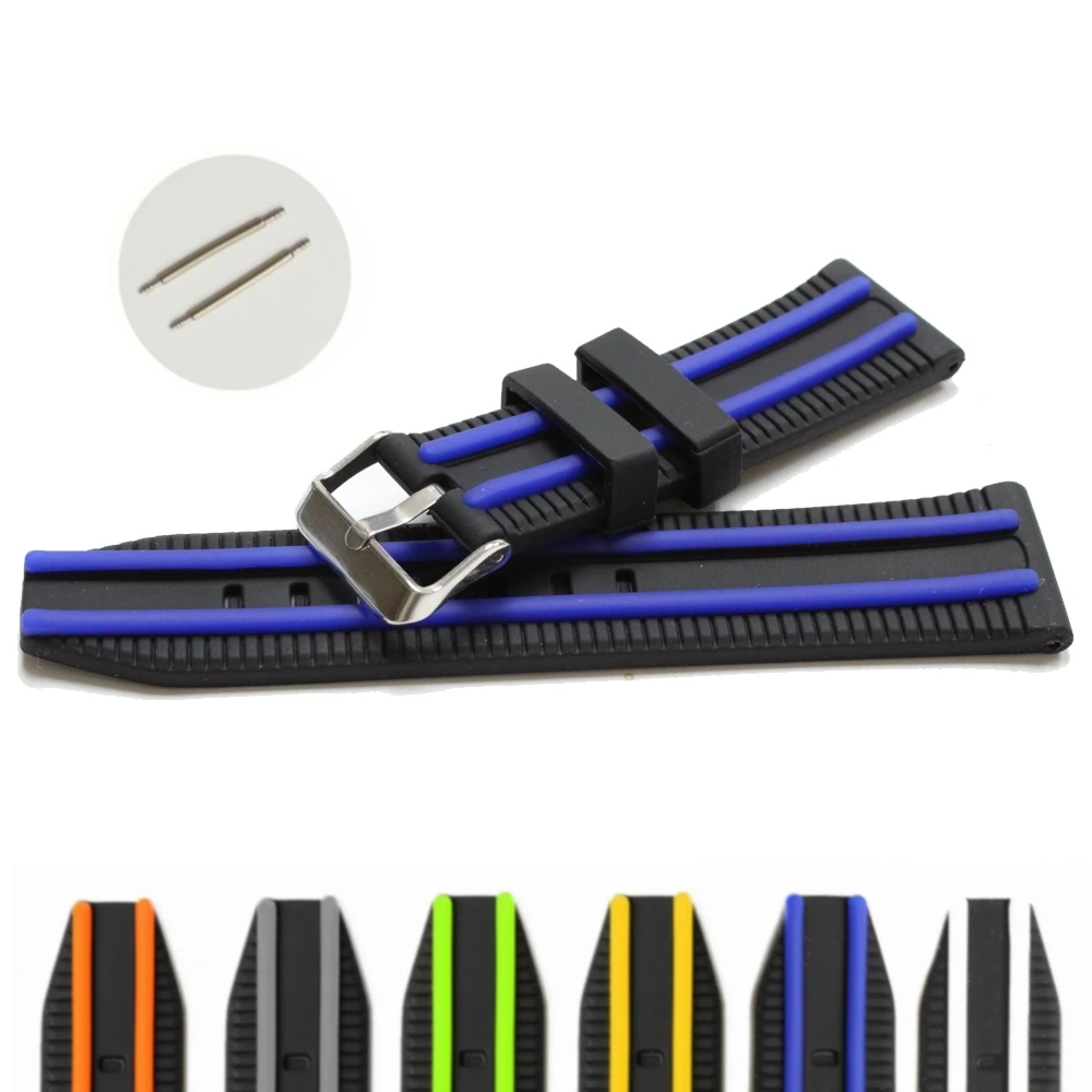 

24mm Hot Black With Blue Two-tone Silicone Unisex Watch Band Straps WB1049E24JB