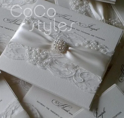  Cocostyles personalized royal lace fabric design invitation card with pearl brooch and ribbon for c - 32893863044