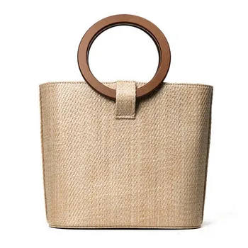 

Luxury Brand Ring Wood Handle Drawstring Tote Handbags Purse Women Straw Beach Bags Ladies Shoulder Crossbody Bags Shopping Bags