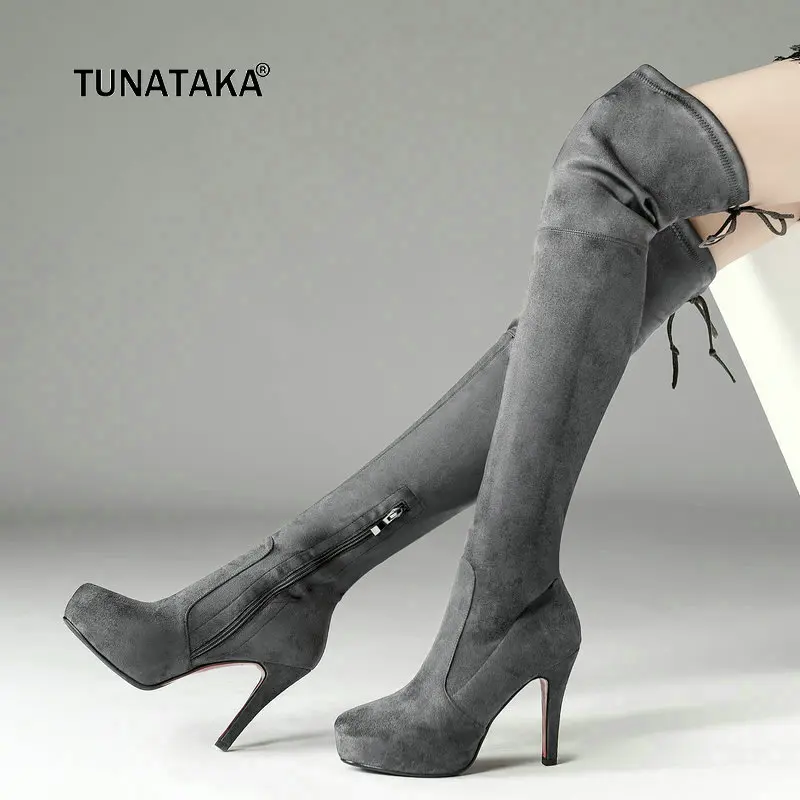 

Women Suede Platform Thin High Heel Over the Knee Boots Fashion Round Toe Side Zipper Winter Stretch Thigh Boots Black Gray