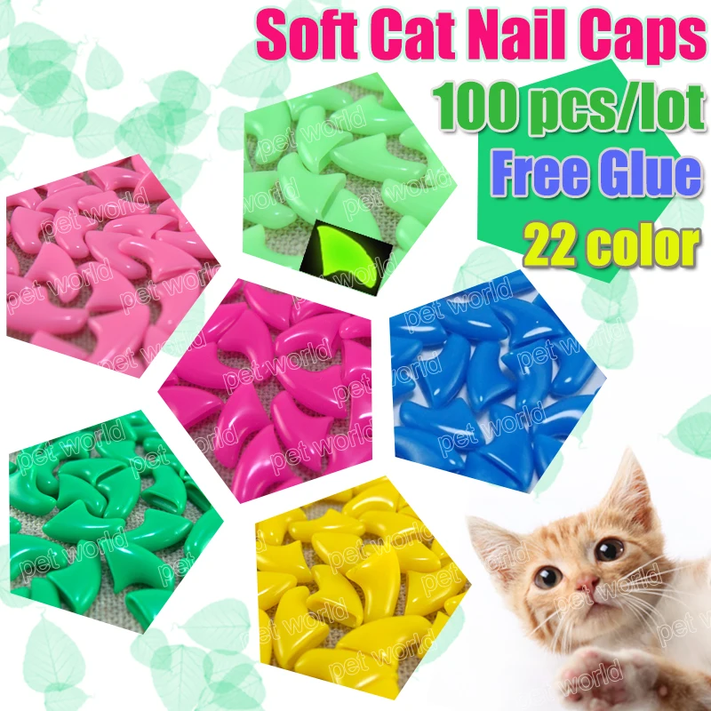 Tapas de uñas suaves para gatos y mascotas, Protector de uñas de silicona, pegamento adhesivo gratis, tamaño XS, S, M y L, 100 unids/lote