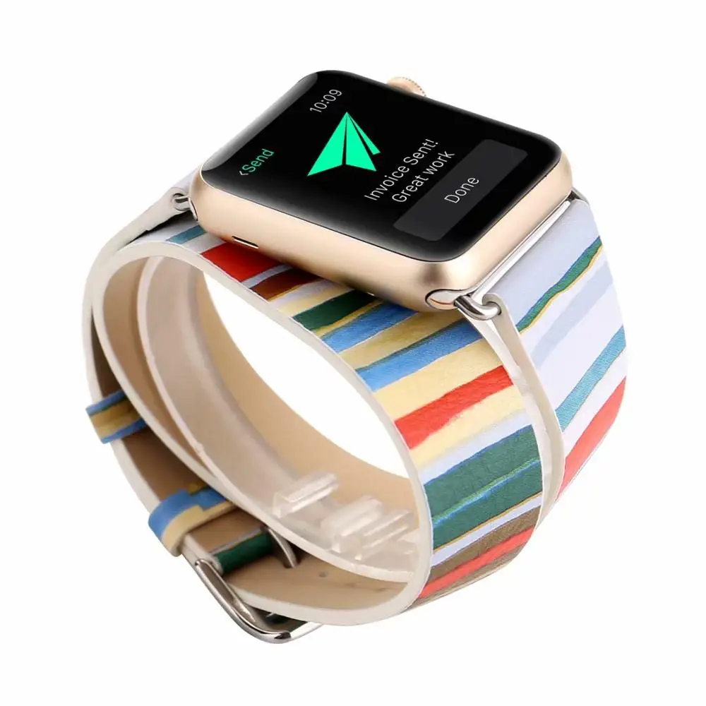 

Genuine Leather Double Circle Bracelet strap for Apple watch band 4 44/40mm Colorful Stripe band for iWatch series 3/2/1 42/38mm