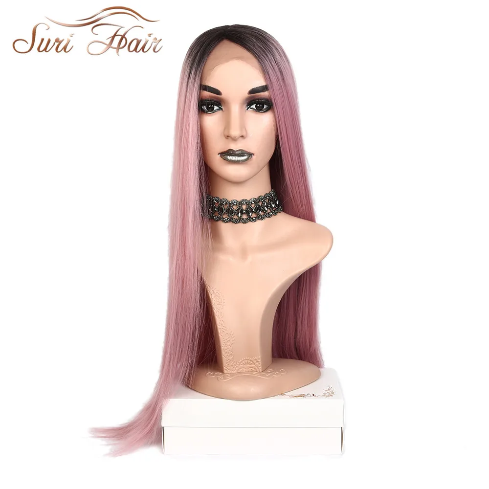 Suri 30inche Longo Sintético em Linha Reta Peruca Dianteira do Laço do Cabelo Rosa Ombre Raízes Negras de Fibra Resistente ao Calor Parte Lateral para Mulheres Cosplay