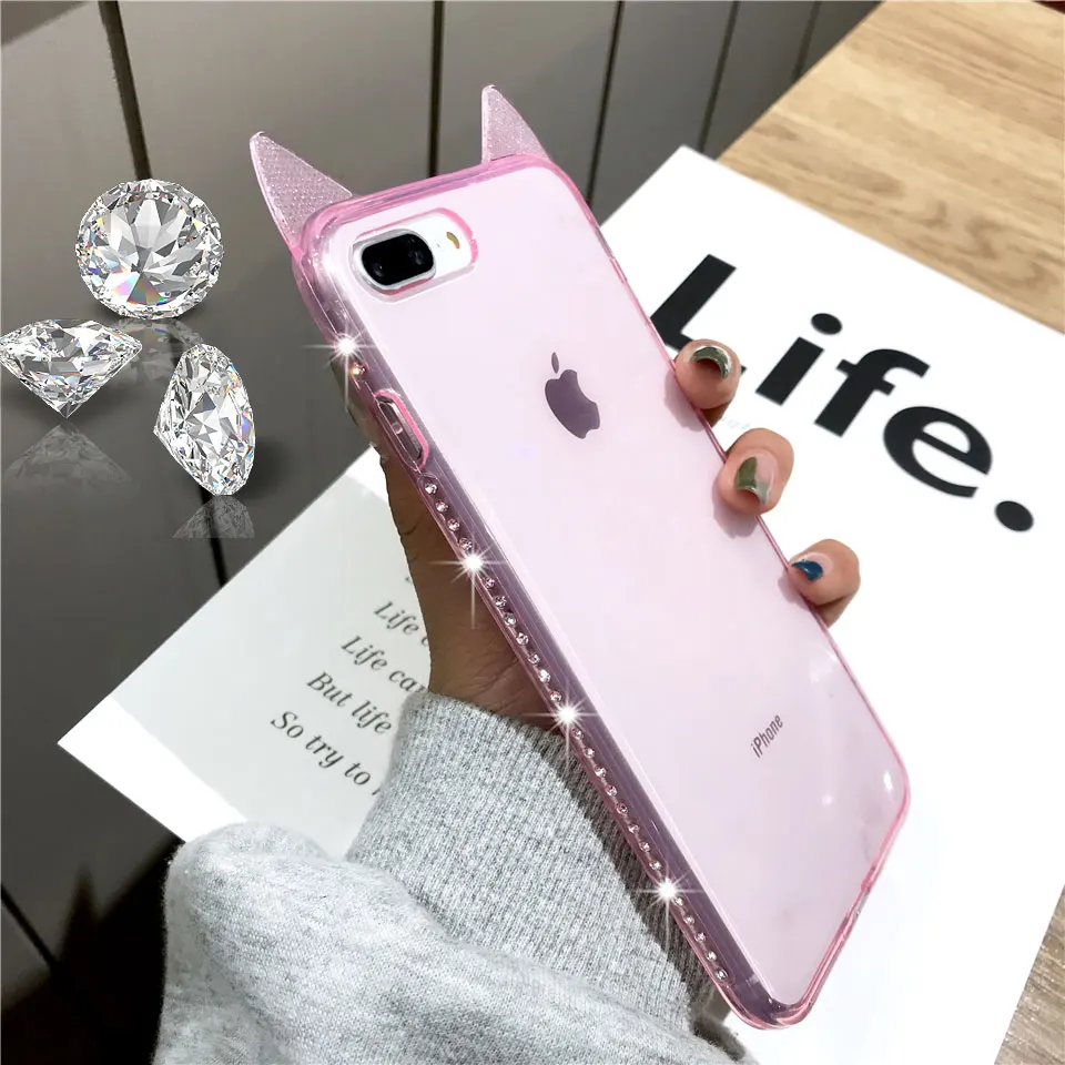 Силиконовый чехол из тпу с рисунком кошачьих ушей и бриллиантами для iphone 7 Plus