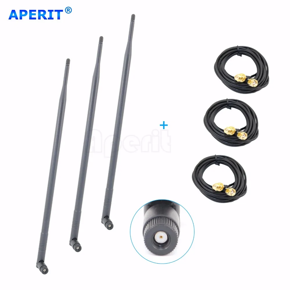 Aperit 3 9dBi dual band WiFi RP SMA Antennas + 3 10ft Extension Cables