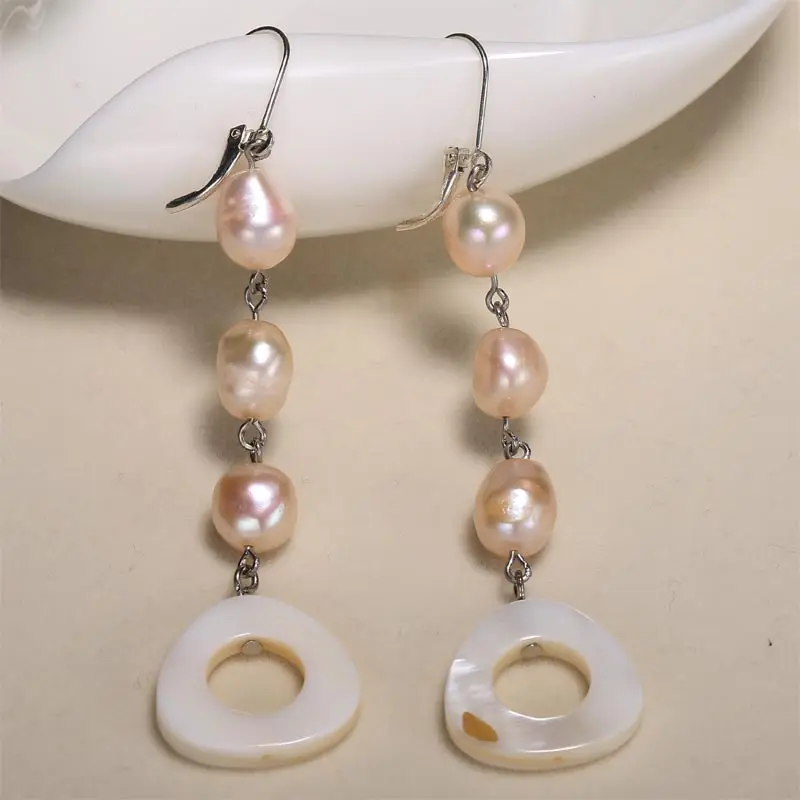 White baroque 8-9 mm earrings, 925 silver hook, dangling style restoring ancient ways