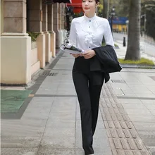 Модные брючные костюмы из двух частей Для женщин Бизнес костюмы с брюк и блузки Комплекты Женские белые топы с длинным рукавом