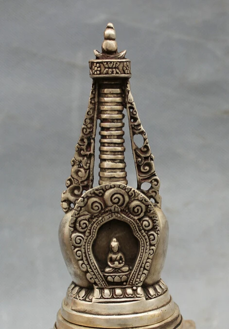 

S2512 8" Tibet Silver Buddhist Sakyamuni Shakyamuni Buddha Statue Temple Stupa Pagoda D0318