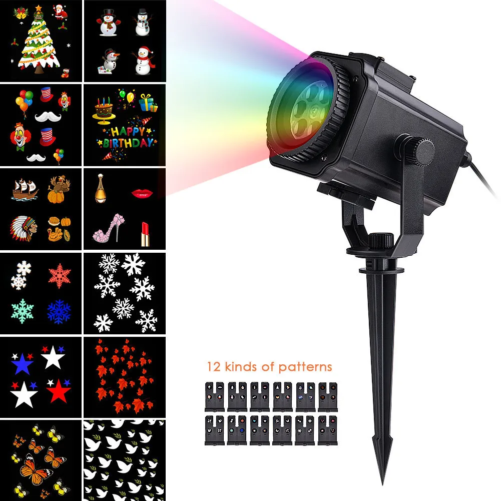 

Waterproof LED Stage Light 12 Film Cards Christmas Lights Laser Snow Projector Decorations Star Shower For Home New Year's Decor