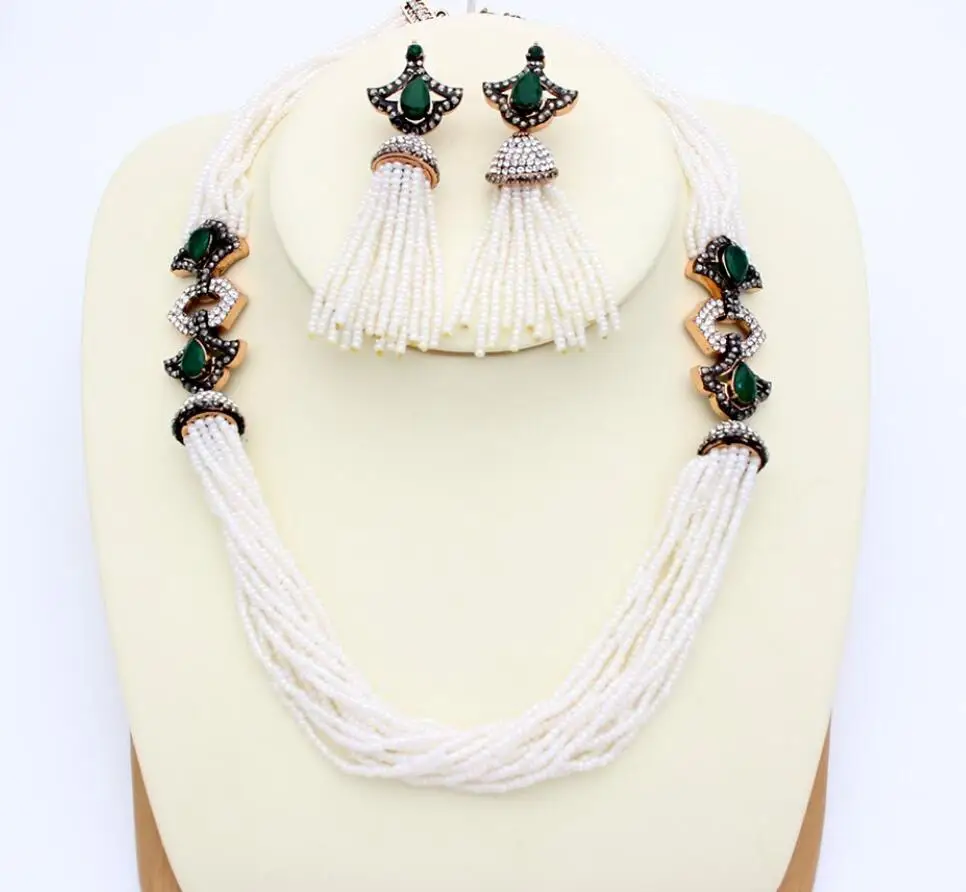 SUNSPICE-MS, элегантные турецкие женские бусы из смолы, ожерелье, серьги, Mrocco, Свадебные Ювелирные наборы, античное золото, индийский свадебный подарок - Окраска металла: FA1707whitegreen