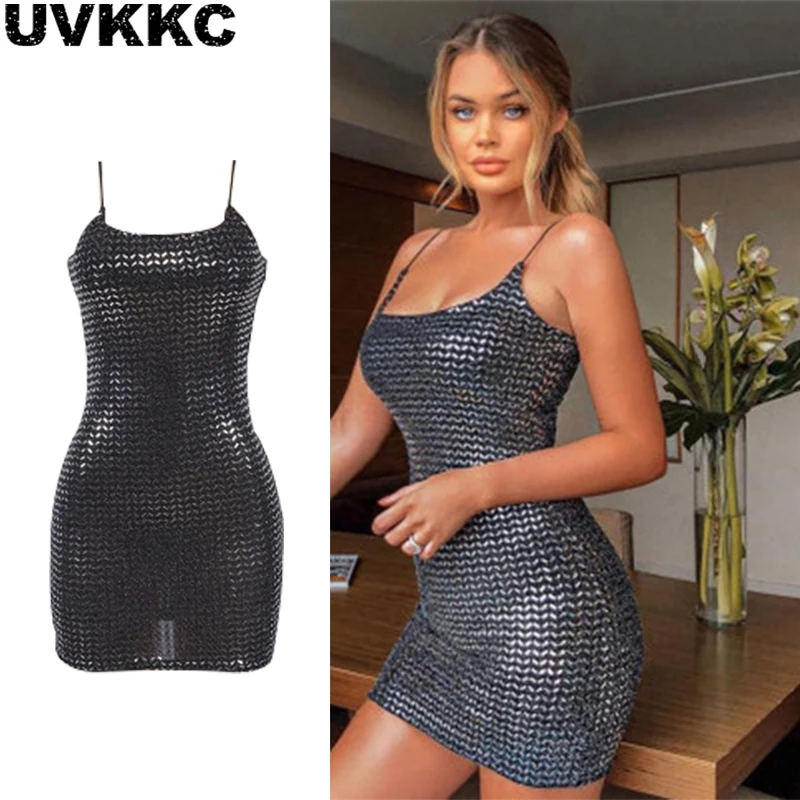 

Uvkkc Women Sexy Dress 2019 Sequined Spaghetti Sleeveless Backless High Waist Bodycon Solid Party Midi Dress For Women Vestido