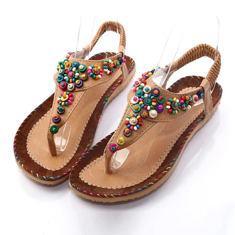 

ABDB Flat Sandals Ankle T-strap Fashion Trend Sandals Bohemia National Flat Heel Beaded Female Shoes
