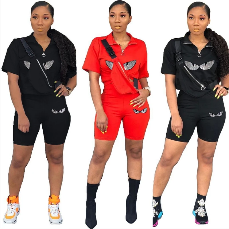 

Eye Sequins Two Piece Set Short Sleeve Tee Knee Length Pants Casual Playsuits Summer Style 2019 Bodycon Bodysuit Activewear