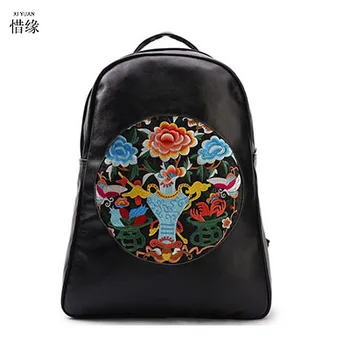 

Hot Women Handmade cow Leather Flower Embroidered Bag National Trend Embroidery Ethnic Backpack Travel Bags Schoolbags mochila